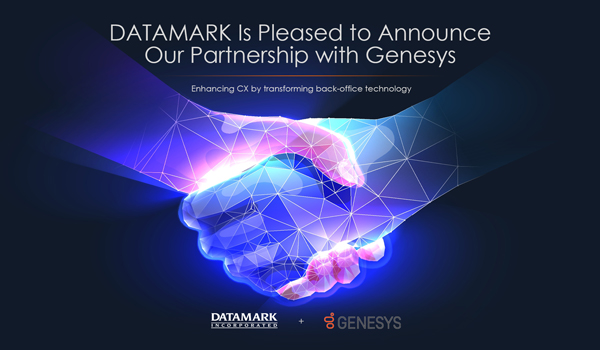 DATAMARK Announce partnership with Genesys is demonstrated by a digital image of two people holding hands.